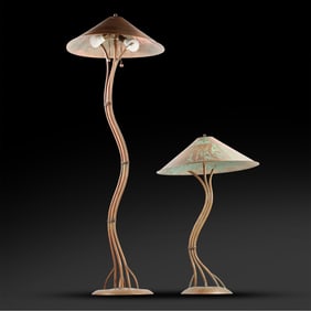 2 Copper Arts and Crafts "Twig" Base Floor and Table Lamps, Copper Cone Shades, Signed Monogram
