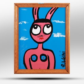 Thomas Pulgini, American, Pop-Art Abstract Oil on Board Painting, Pink Bunny Woman, Signed