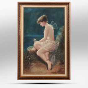 After Wilhelm Kray (1828 - 1889), 19th C. OIl on Canvas Painting  "Psyche by The Sea"