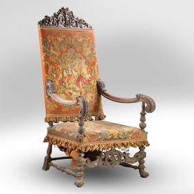 Attributed to R J Horner, Tall Carved Walnut Courtship Scene Renaissance Tapestry Throne Chair