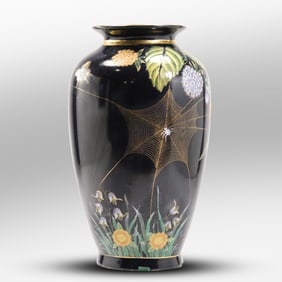 Maitland-Smith Black Porcelain Vase with Spider Web, Butterfly 14.25 in. height x 9 in. wide
