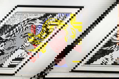 Roy Lichtenstein Lithograph Print Framed Pop Art Poster M-Maybe 1965, image 34.5 in. x 34.5 in.: Roy Lichtenstein Lithograph Print Framed Pop Art Poster M-Maybe 1965, image 34.5 in. x 34.5 in.; size: 34.5 x 34.5 , outside of frame: 42 x 42 ' The image shows "M-Maybe," a 1965 Pop Art painting by R