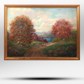 Signed M Fulda, Beautiful Vintage Oil Painting on Canvas Autumn Landscape with Figures, Framed