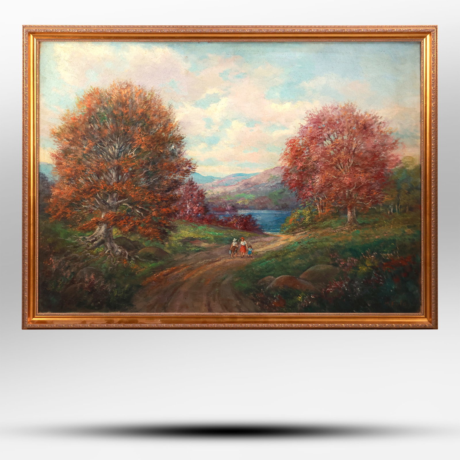 Signed M Fulda, Beautiful Vintage Oil Painting on Canvas Autumn Landscape with Figures, Framed: Signed M Fulda, Beautiful Vintage Oil Painting on Canvas Autumn Landscape with Figures, Framed. size: 30 x 42 , outside : 33 x 45