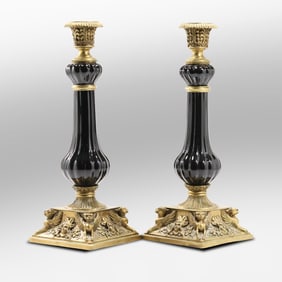 Pair United Wilson Bronze and Porcelain Tall Candlesticks, Faces, Griffins on Base 14 in. height