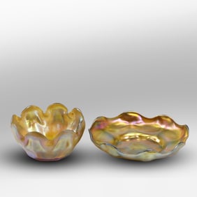 [2] Signed "L.C.T." LOUIS COMFORT TIFFANY Gold Iridescent Art Glass Bowls 8 in. dia. & 4.75 in. d.
