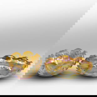 [2] Signed "L.C.T." LOUIS COMFORT TIFFANY Gold Iridescent Art Glass Bowls 8 in. dia. & 4.75 in. d.: [2] Signed "L.C.T." LOUIS COMFORT TIFFANY Gold Iridescent Art Glass Bowls 8 in. dia. & 4.75 in. dia. S:A