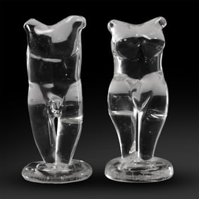 2 Artist Signed Illegible Crystal Art Glass Male & Female Torso Sculptures 6 in. height