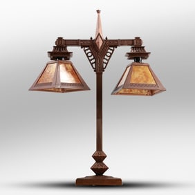 Arts and Crafts Style Double Student / Banker's Lamp with Mica Paneled Shades 30 n. h. x 22 in. w.