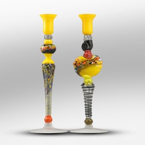2 Ioan Nemtoi Blown Glass Candlesticks Romania Signed, Art Glass, 14 inches height