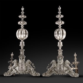 Monumental English Period Regal Fluted Ball Top and Lion Andirons, 19th C. Silver Plated Bronze