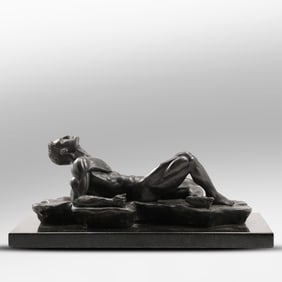 Quality Bronze Sculpture of a Reclining Nude Male Mounted on a Black Marble Base, Original Patina