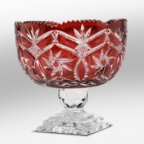 VINTAGE BRILLIANT CUT TO CLEAR CRANBERRY RUBY RED PEDESTAL BASE BOWL 9.5 in.