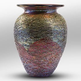 Signed Stuart Abelman Amethyst Iridescent Threaded Art Glass Vase 10 in. height x 6.5 in. wide