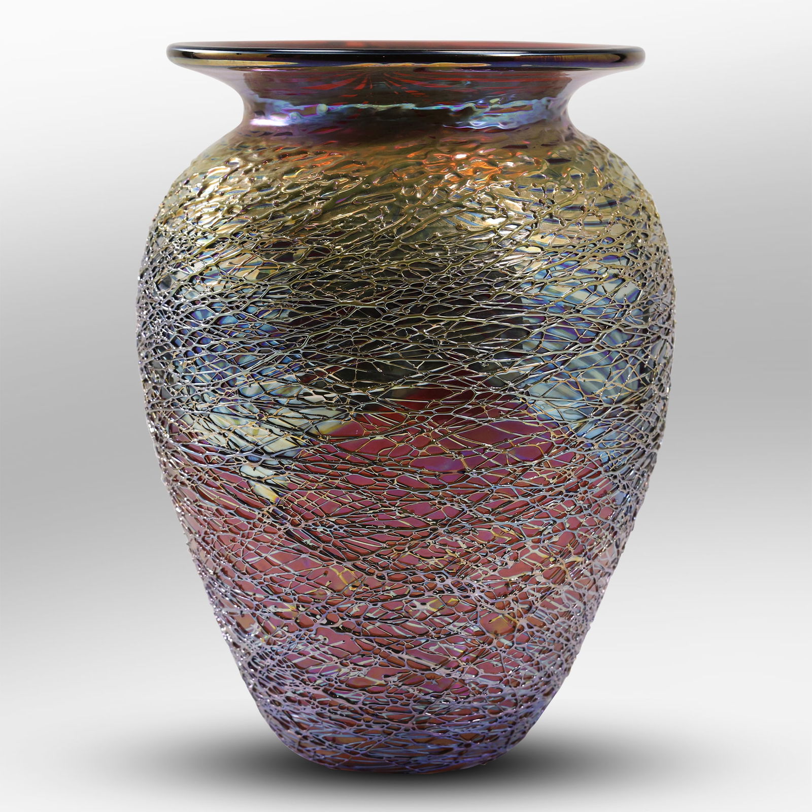 Signed Stuart Abelman Amethyst Iridescent Threaded Art Glass Vase 10 in. height x 6.5 in. wide (1 of 18)