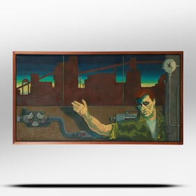 Arnold Belkin (1930 - 1992) NY, Canada, Mexico; Large Oil on Canvas Painting Urban Building, Figure