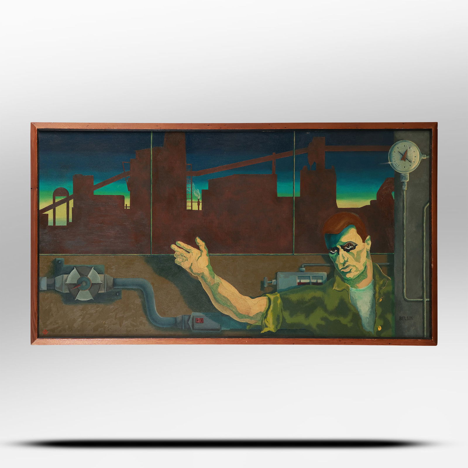 Arnold Belkin (1930 - 1992) NY, Canada, Mexico; Large Oil on Canvas Painting Urban Building, Figure (1 of 17)