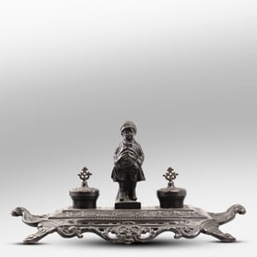 Maitland-Smith Bronze Desktop Double Inkwell with Figure of Boy in Winter Clothing 19.5 in. length