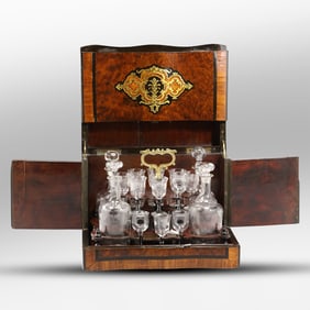 19th C. Antique French Napoleon III Boulle Marquetry Tantalus Set, Crystal Glass Decanters, Cordials