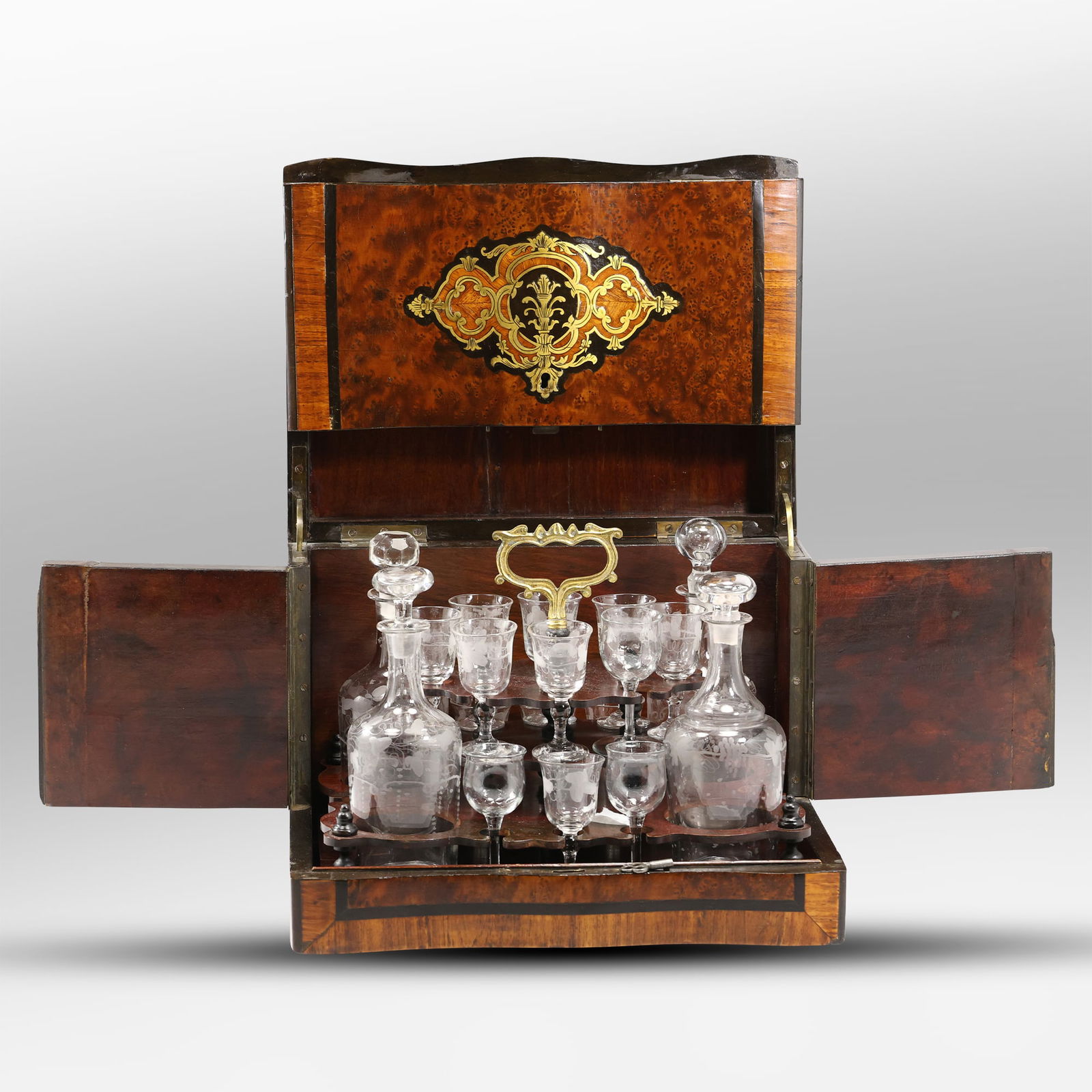 19th C. Antique French Napoleon III Boulle Marquetry Tantalus Set, Crystal Glass Decanters, Cordials (1 of 20)