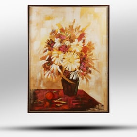 Signed LAWRENCE, Large Oil on Canvas Still Life Sunflowers in Vase, image 48 in. x 36 in.