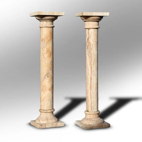 2 Matching Classical Column Marble Pedestals 39.5 in. height x 10 in.. diameter top