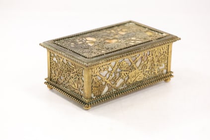 TIFFANY STUDIOS NEW YORK Art Nouveau Grapevine Pattern Bronze and Slag Glass Box.
