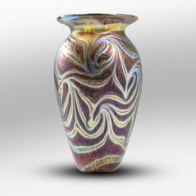 Signed Robert Eickholt Purple Iridescent Swirl Art Glass Vase 8 inches height x 4.25 in. wide