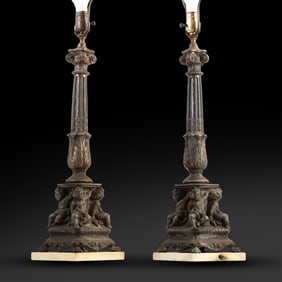 Pair Antique Neo-Classical Tall Table Lamps, Cast Metal, Cherub Figures on Base, 39 in. height
