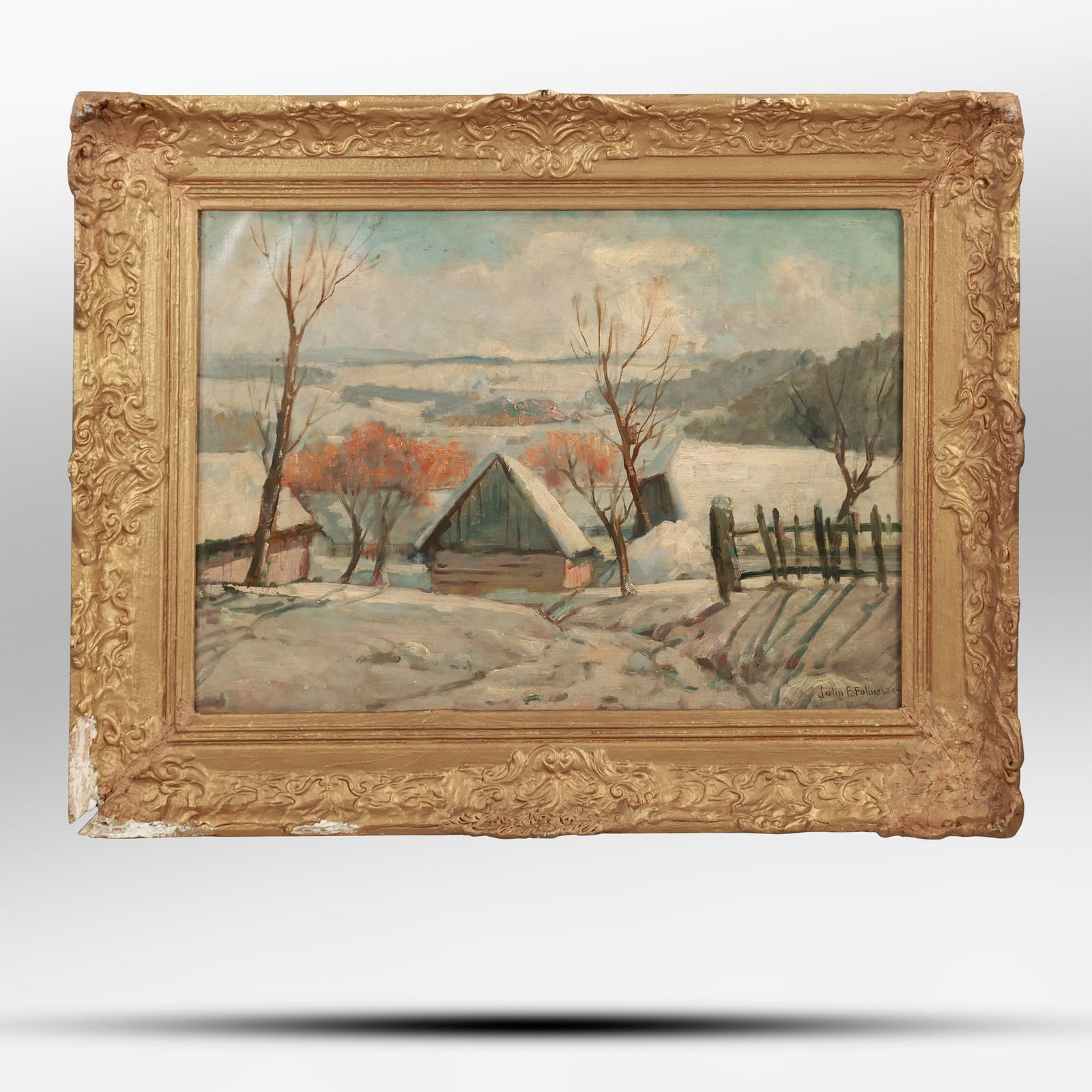 JOHN F FOLINSBEE [1892-1972] PA / ME, Oil on Canvas Painting NEW HOPE PA WINTER LANDSCAPE (1 of 20)
