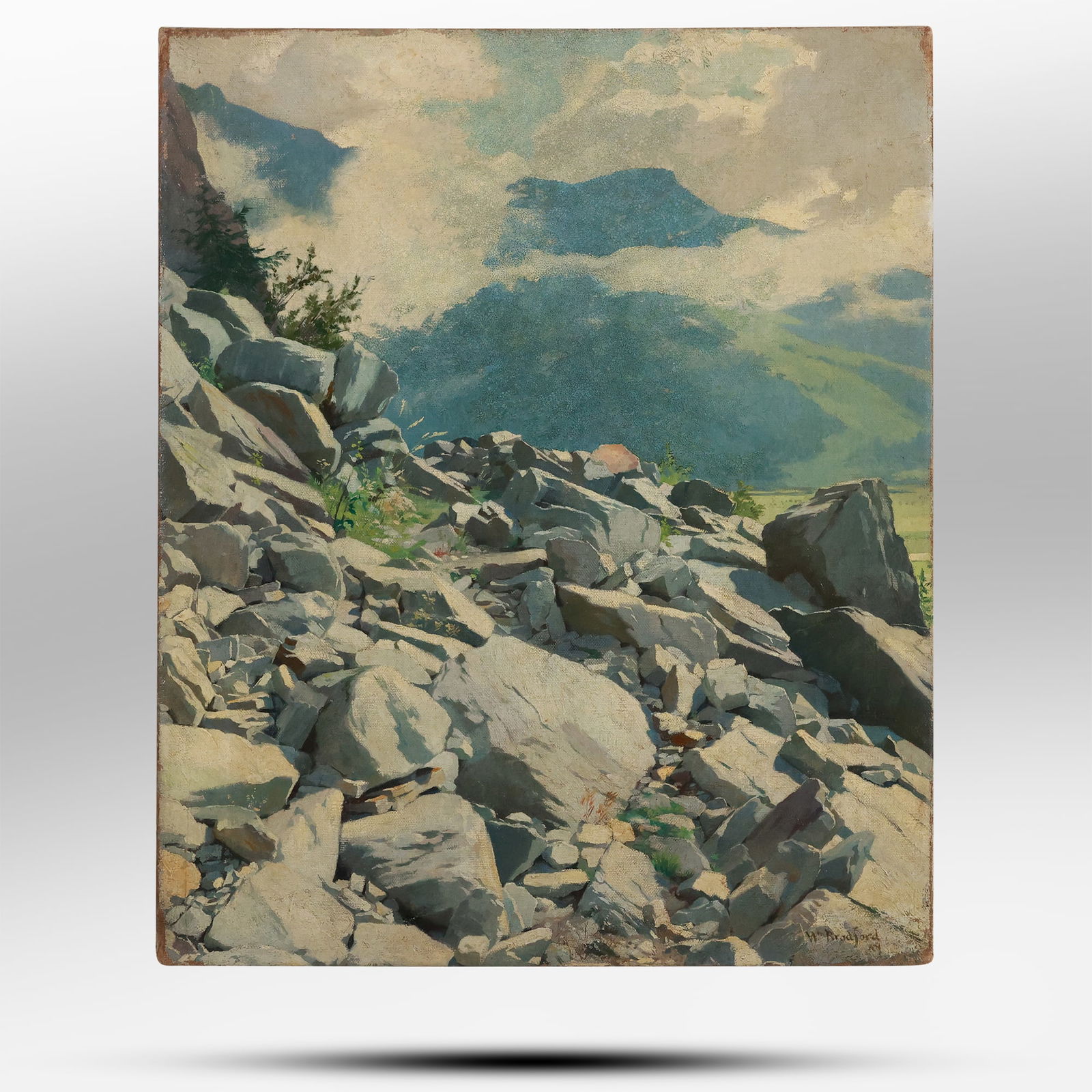 William Bradford (1823 - 1892) American, Oil on Canvas Painting Rocky Mountainous Terrain: William Bradford (1823 - 1892) American, Oil on Canvas Painting Rocky Mountainous Terrain. Signed lower right, relined on edges. size: 18.25 x 22.5 ; ASKart: William Bradford (1823 - 1892) was active/