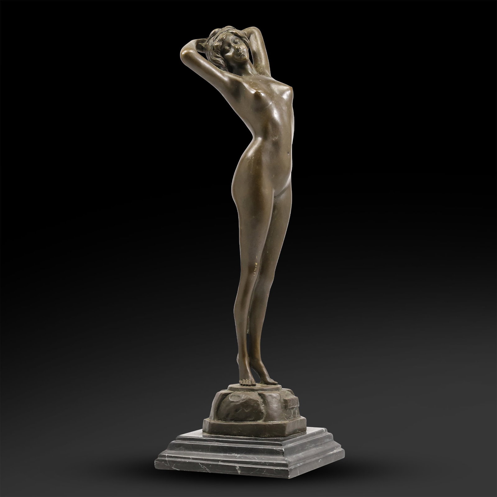 Signed Philips, Art Deco Bronze Sculpture Nude Woman titled "Le Réveil" (The Awakening) 16.5 in. h.: Signed Philips, Art Deco Bronze Sculpture Nude Woman titled "Le Réveil" (The Awakening). size: 16.5 inches height, 5.5 inches wide. Good Patina. The sculpture captures a moment of fluidity and grace,