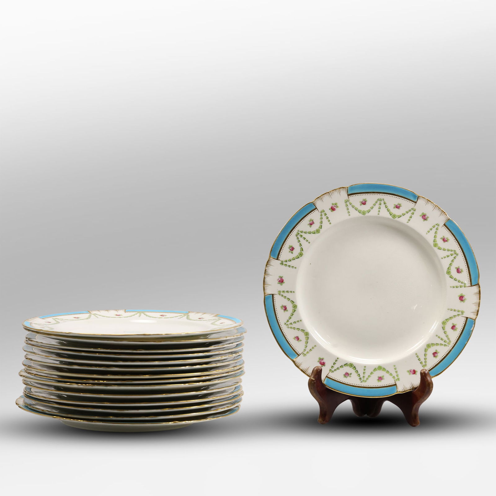 Set of 15 Antique TIFFANY & CO NEW YORK Fine Porcelain Plates 9 in. diameter, Floral Border (1 of 15)