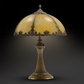 Quality 6-Panel Curved Caramel Slag Glass Panel Lamp 25 in. height, 16 in. dia. shade