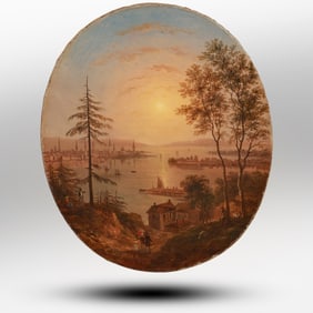 William Rickarby Miller (1818 - 1893), American, Oval Oil on Canvas Painting River Port Landscape
