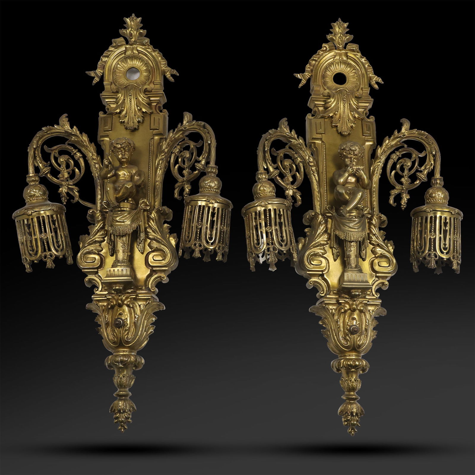 Pair Large Bronze 19th C. French Barqoue Wall Sconces with Cherub Musicians 26 inches length (1 of 19)