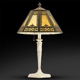 Antique 8-Panel Fancy Overlay Slag Glass Table Lamp in Original French White Paint Finish