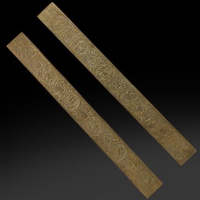 Tiffany Studios New York "Zodiac" Bronze Blotter Ends, Signed, Original Patina 19 in. length