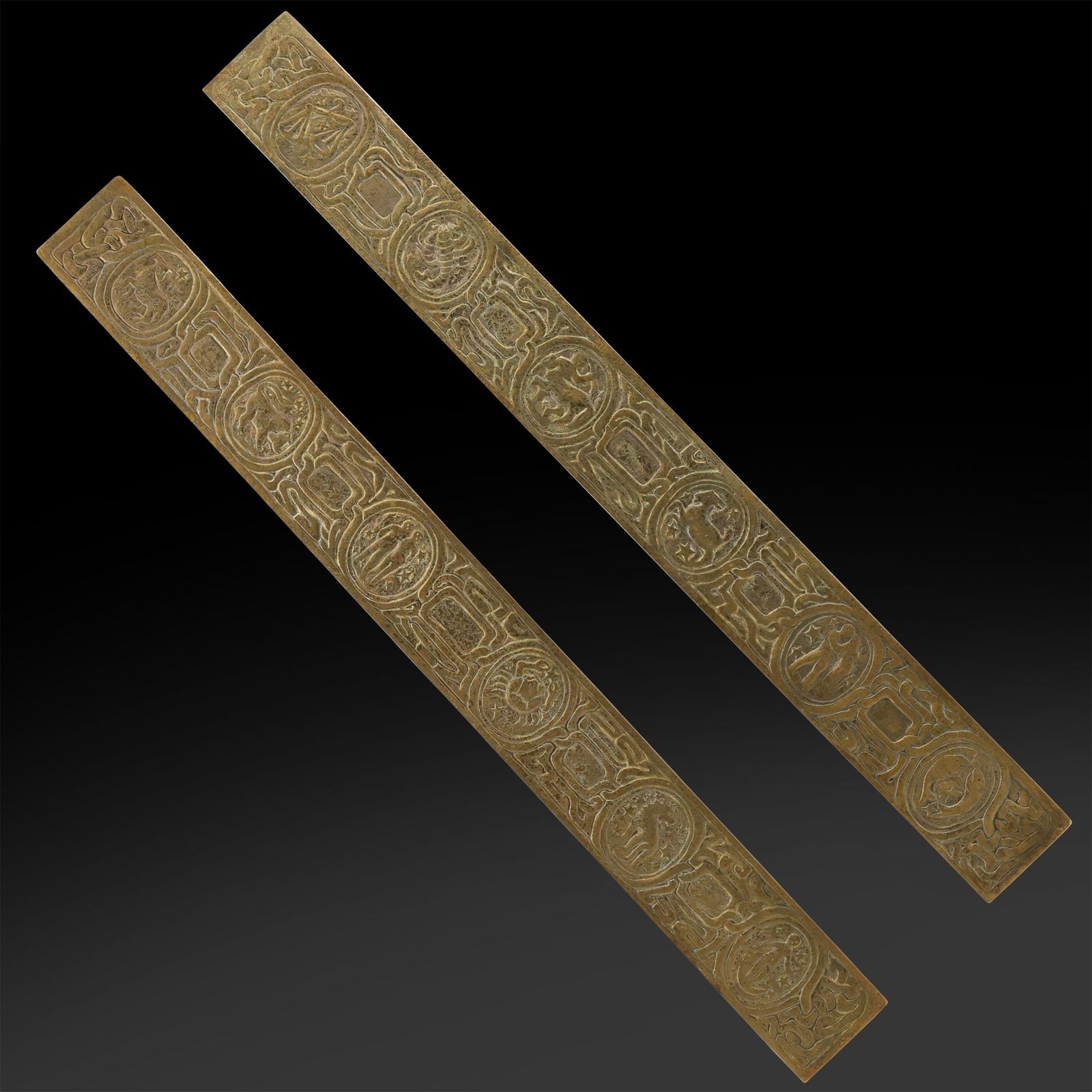 Tiffany Studios New York "Zodiac" Bronze Blotter Ends, Signed, Original Patina 19 in. length: Tiffany Studios New York "Zodiac" Bronze Blotter Ends, Signed, Original Patina 19 in. length. size: 1h 19w S:A