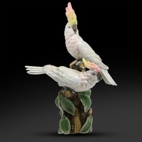 Hollywood Regency Vista Alegre Portuguese Fine Porcelain Parrot Figures on a Branch 20.5 in. height