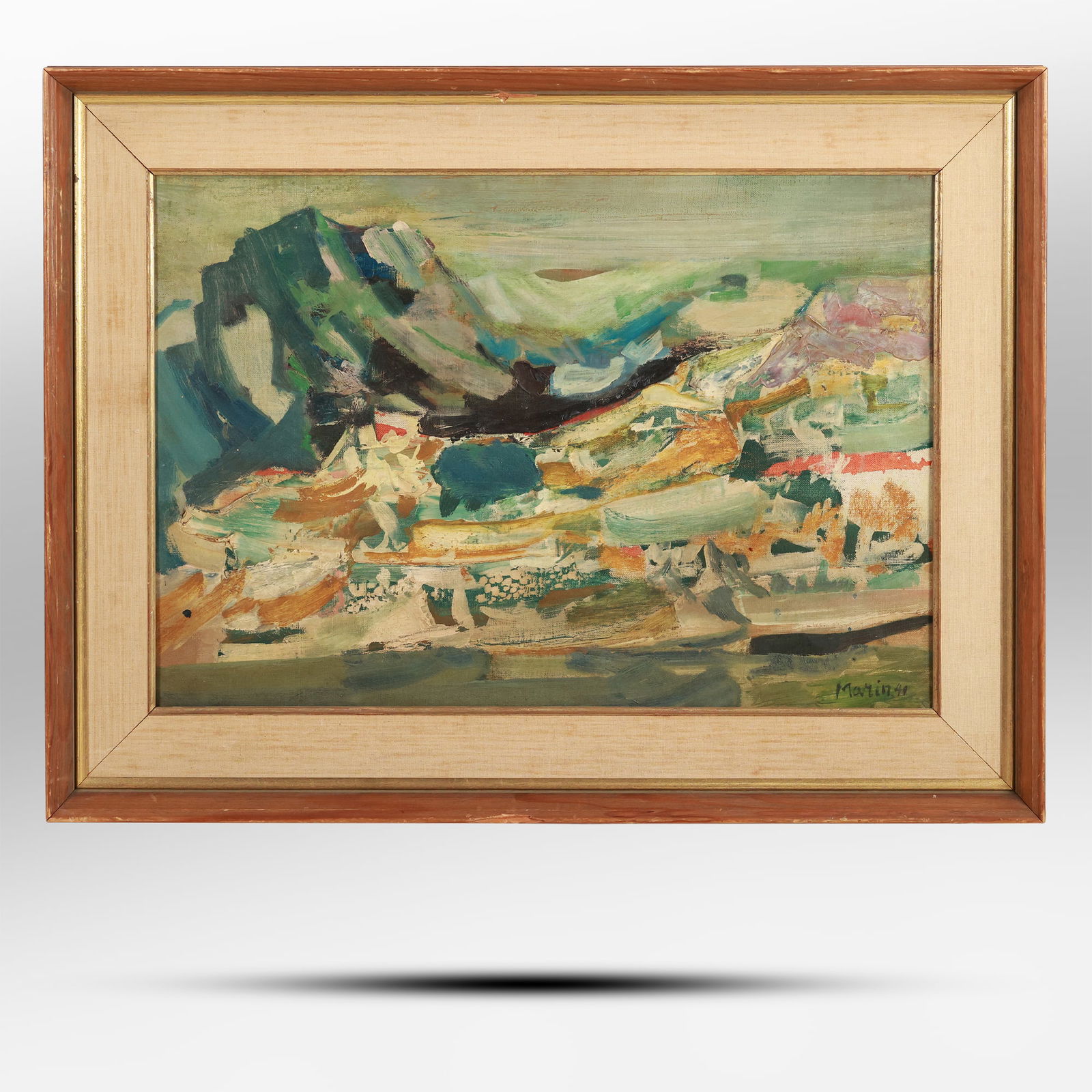 John Marin (1870 - 1953) American, Oil on Canvas Painting, Maine Island Rocky Coastline, Signed 1949: John Marin (1870 - 1953) American, Oil on Canvas Painting, Maine Island Rocky Coastline, Signed 1949. size: 18 x 25 outside of frame 24 x 31 ; ASKart: John Marin (1870 - 1953) was active/lived in New