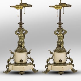 19th C. French Marble and Bronze Ormolu Cherub Figural Table Lamp 24 inches height