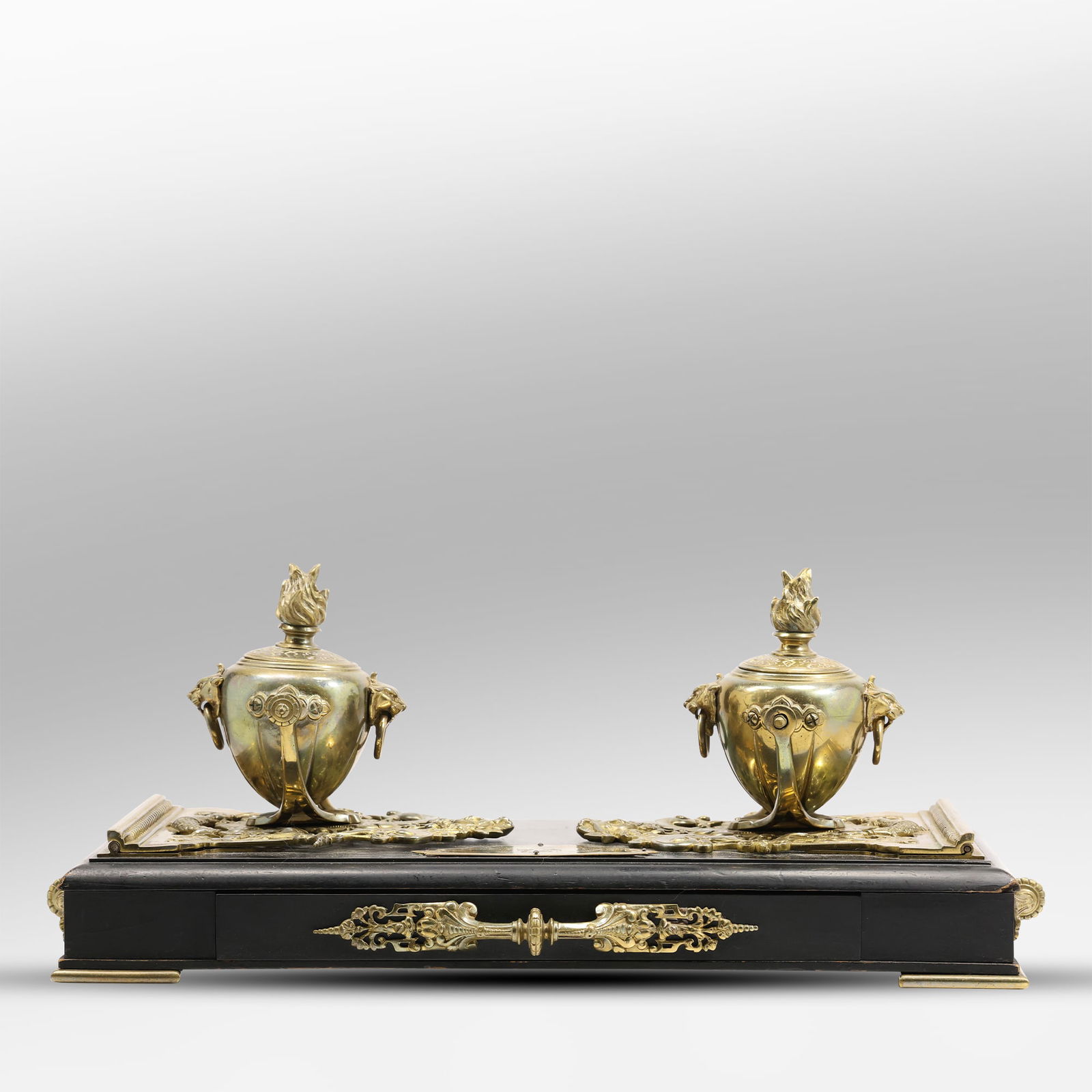 Fabulous 19th C. Renaisasnce Revival Desk Top Organizer. Folding Inkwell Sides, Center Drawer (1 of 20)