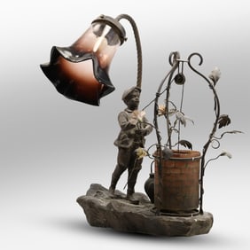 Aristide de Ranieri , Antique French Cast Metal Spelter Art Nouveau Boy at Well Accent Lamp