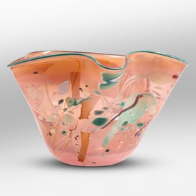 Signed STEPHEN R NELSON ABSTRACT ART GLASS BOWL Multi Colors in Pink 9.5 in. x 14 in. dia.