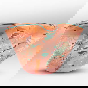 Signed STEPHEN R NELSON ABSTRACT ART GLASS BOWL Multi Colors in Pink 9.5 in. x 14 in. dia.: Signed STEPHEN R NELSON ABSTRACT ART GLASS BOWL Multi Colors in Pink 9.5 in. x 14 in. dia. size: 9.5h 14w S:A