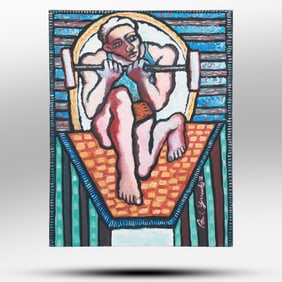 PAUL YARENSKY 1978, Large Modernism Oil on Canvas Painting Weight Lifting Excercise