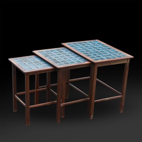 Danish Modern Nest of 3 Tables 1960s Rosewood Side Tables with Blue Ceramic Tile Tops
