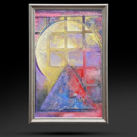 Large Size Oil on Canvas Abstract Painting Geometric Shapes Vibrant Color Palette 57.5 in. x 36 in.