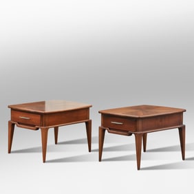 Pair LANE Mid-Century Modern One Drawer Walnut End Stands with Parkay Tops